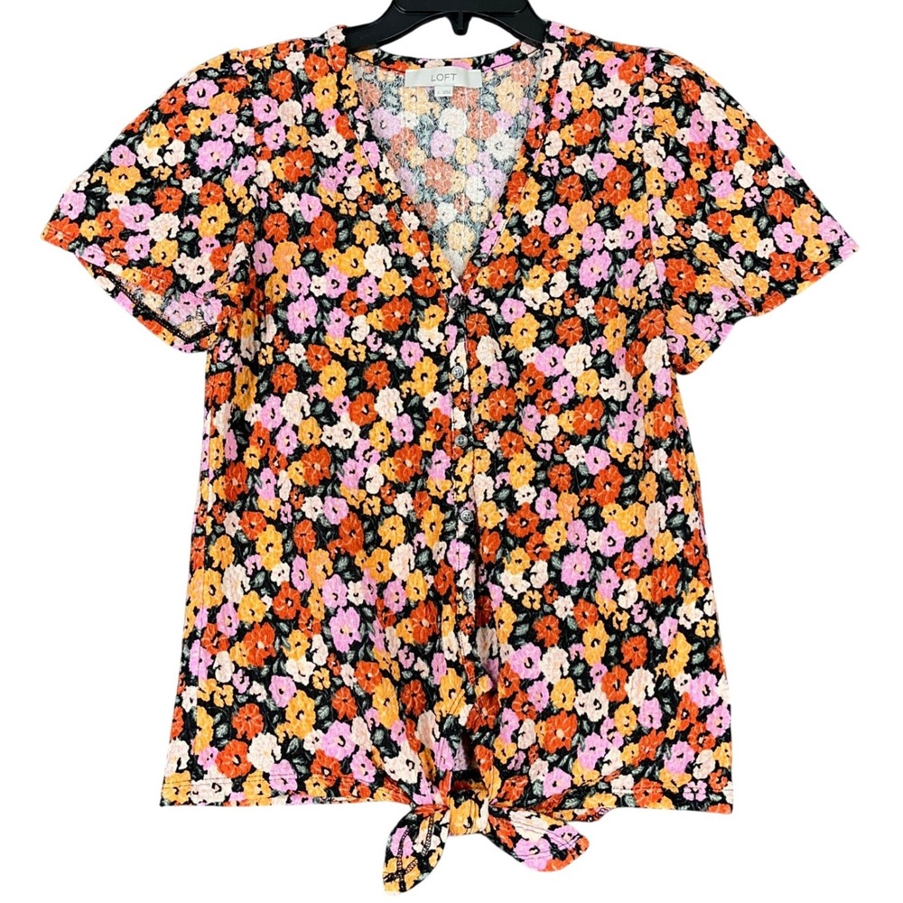 Loft Floral Button‎ Front Tie Hem Blouses Short Sleeve S Womens Ditzy Floral